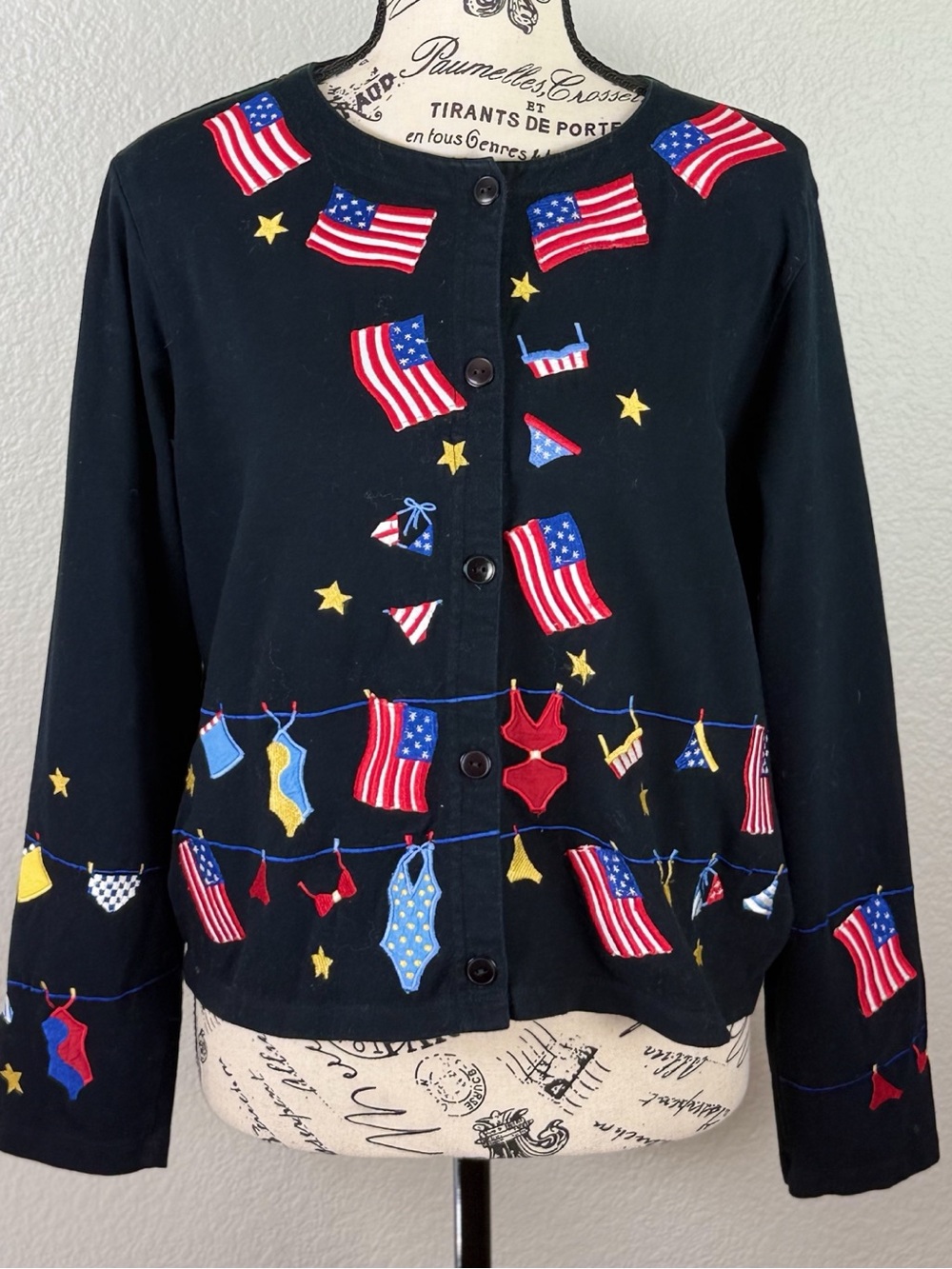 Michael Simon Americana 4th of July Patriotic Black Embroidered Cardigan Sweater - Picture 7 of 10